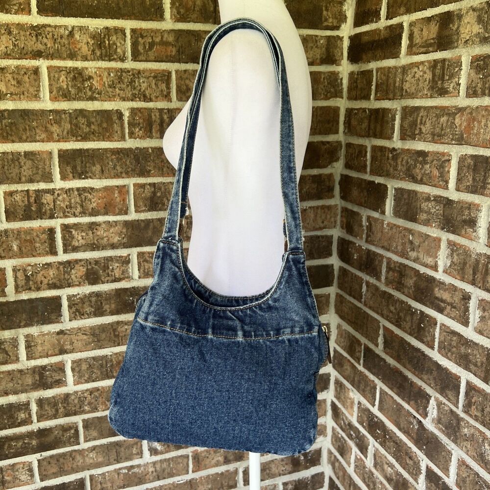 Vintage Y2K Blue Jean Shoulder Purse Lots Of Pockets 11” X 4” X 8” Hippie Boho - Picture 5 of 11